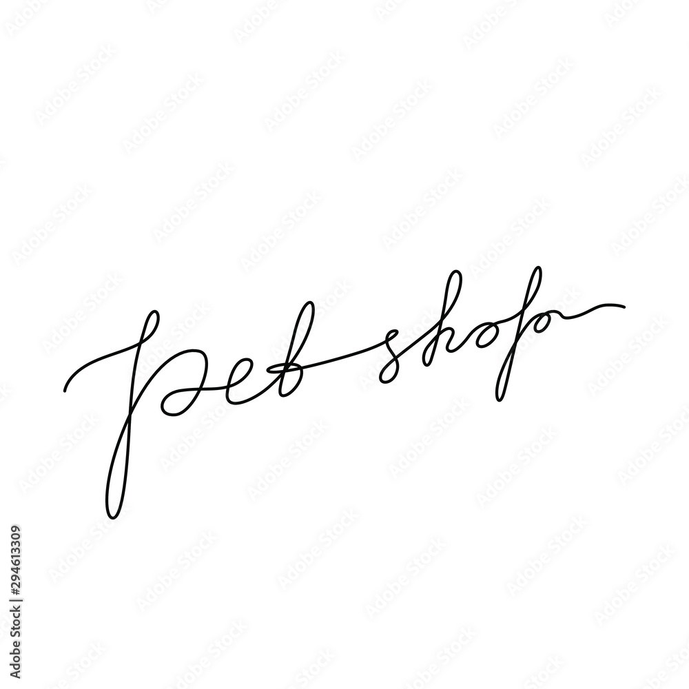 Pet shop lettering emblem or logo design, neon, continuous line drawing, hand drawn lettering, modern calligraphy, one single line on a white background, isolated vector illustration