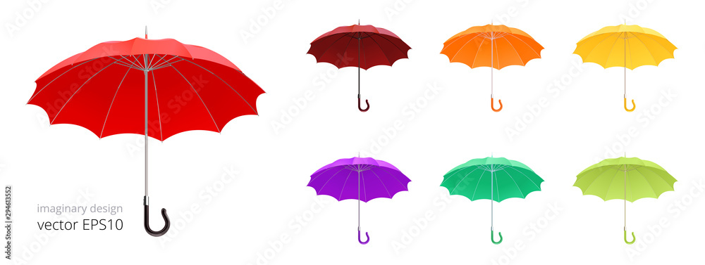 Obraz premium Open umbrella cane. Vector collection of 3d realistic rain umbrellas. 12 ribs and classic crook handle. Set of gamps with a different colors. Red, brown, orange, yellow, purple and green canopies
