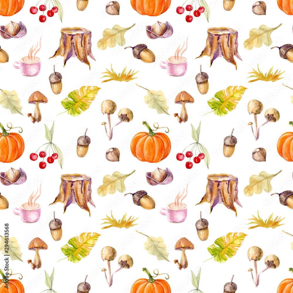 Obraz watercolor forest plants mushrooms, nuts, acorns, leaves on a white seamless background for use in design, children's textiles, wrapping paper, wallpaper, fashion