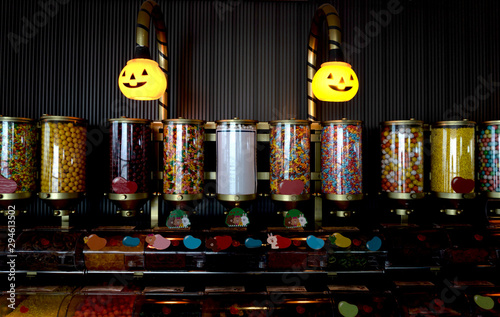 Seoul  South Korea  September  18  2019. Pumpkin lamps light at candy shop. Front view. Halloween concept  place for text  good background