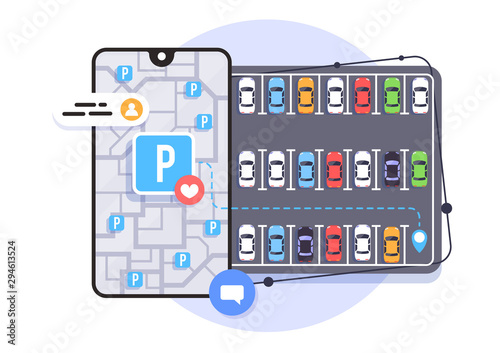 Online application for finding parking spaces, city parking, vector illustration.
