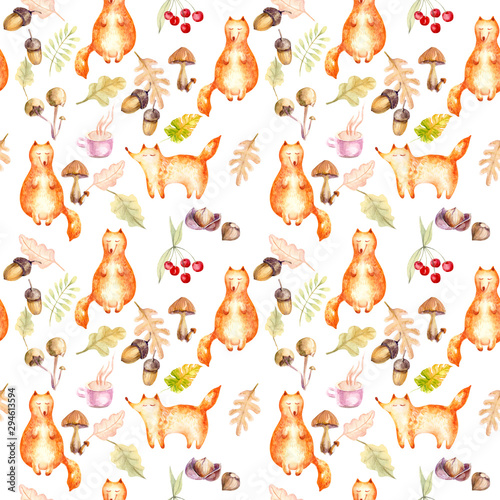 cute watercolor foxes and forest plants mushrooms, nuts, acorns, leaves on a white seamless background for design use, children's textiles, wrapping paper, wallpaper, fashion