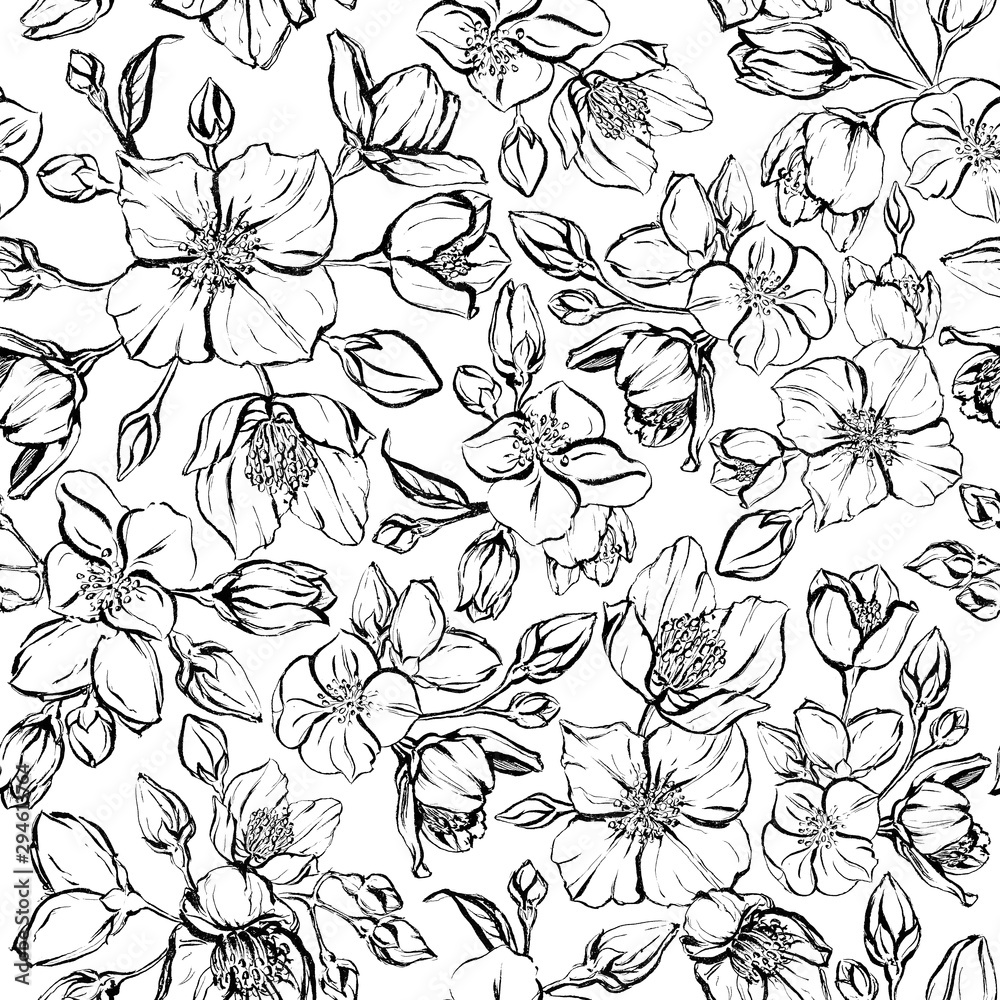 Hand drawn floristic seamless pattern. Set with simple flowers Bouquet Black & White. Graphic elements drawn with ink, branches of flowers. For postcards. Hand drawn floristic seamless pattern. Set with simple flowers Bouquet Black & White. Graphic elements drawn with ink, branches of flowers. For postcards.