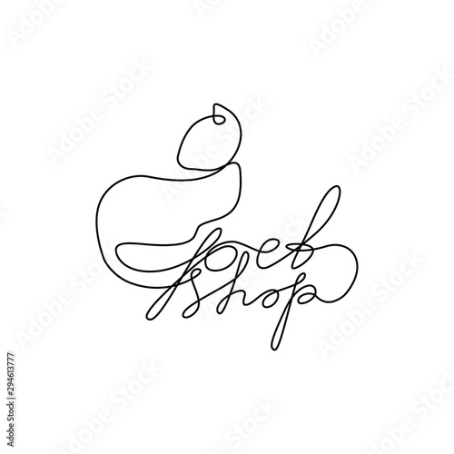 Cat shop lettering and cat silhouette emblem or logo design, continuous line drawing, hand drawn lettering, modern calligraphy, one single line on a white background, isolated vector illustration