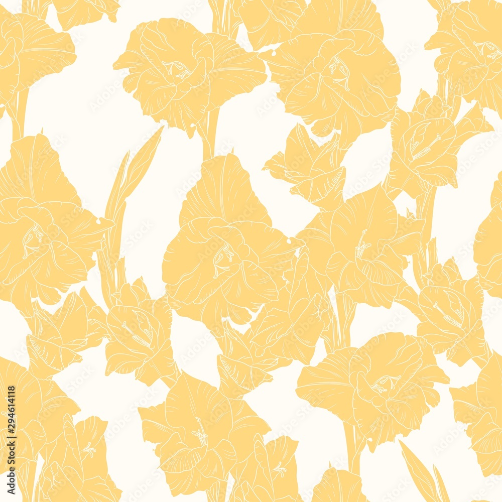 Floral seamless pattern with yellow gladiolus on light background. Flower print.