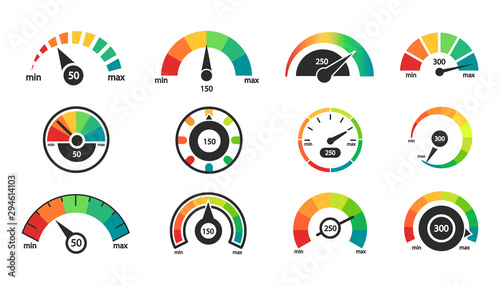 Speedometer icons set. Indicator scale. Business credit rating.