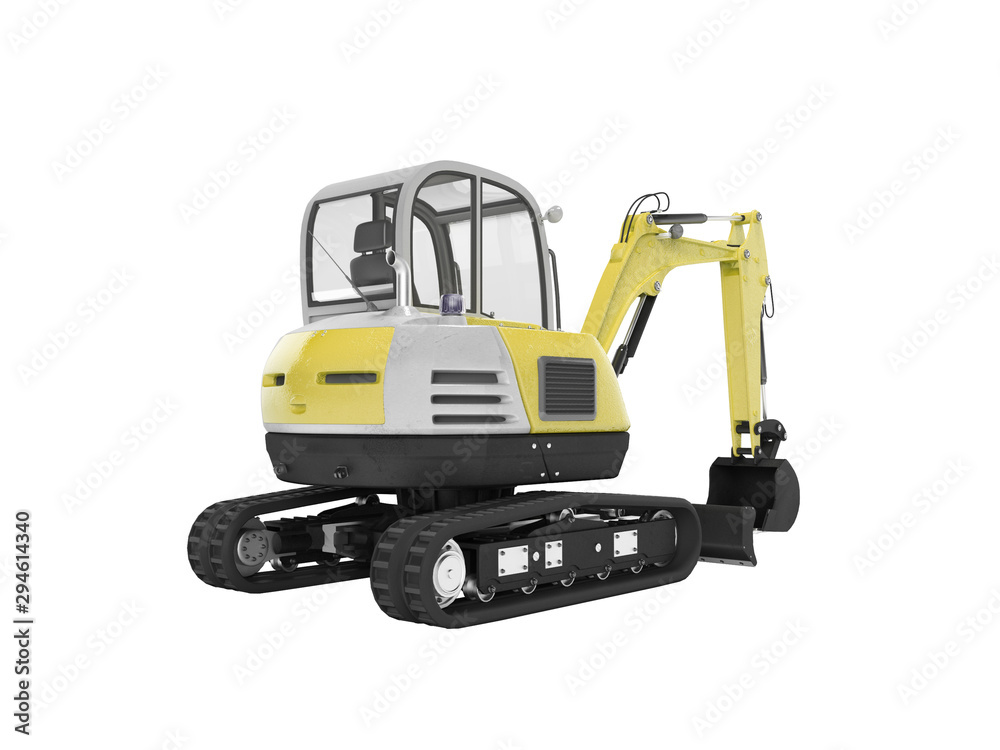 Yellow mini excavator with hydraulic mechpatoy on crawler with ladle 3d render on white background no shadow Yellow mini excavator with hydraulic mechpatoy on crawler with ladle 3d render on white background no shadow