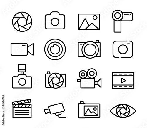 Photo and video set icons thin line. Photography icon. Photo camera icon. Diaphragm icon. Vector illustration.