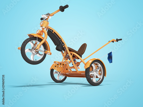 Concept orange kids tricycle with lift front wheel 3d render on blue background with shadow