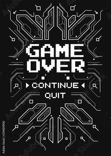 Futuristic poster with retro games elements. Game over screen with virtual reality style. Template for print and web.