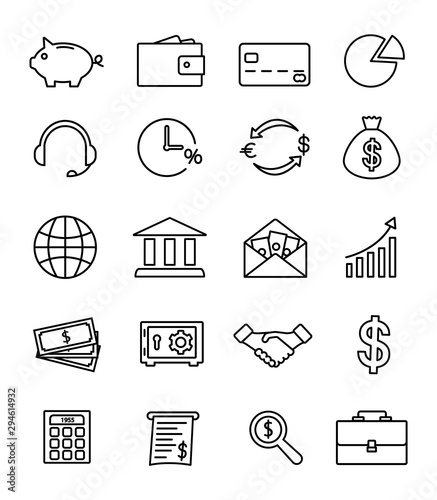 Set of modern banking icons thin line. Financial and money icons. 