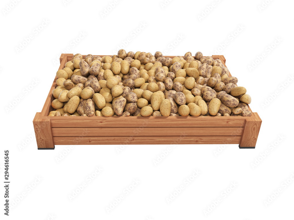 Concept selling ripe varietal potatoes in wooden box rear render on white background no shadow Concept selling ripe varietal potatoes in wooden box rear render on white background no shadow