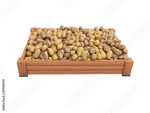 Concept selling ripe varietal potatoes in wooden box rear render on white background no shadow