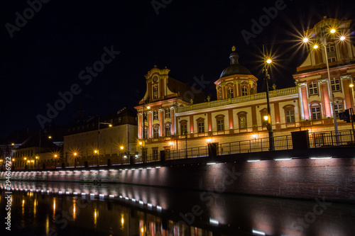 View of the river embankment in the city of Wroclaw at night. Poland