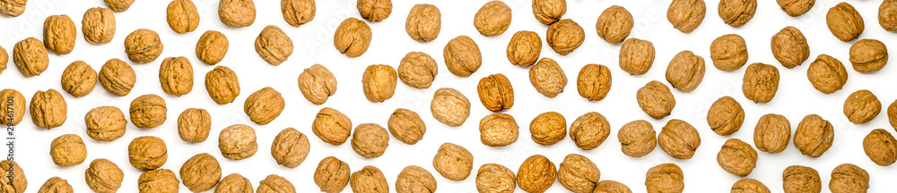 walnuts as border or panorama, isolated on white background walnuts as border or panorama, isolated on white background