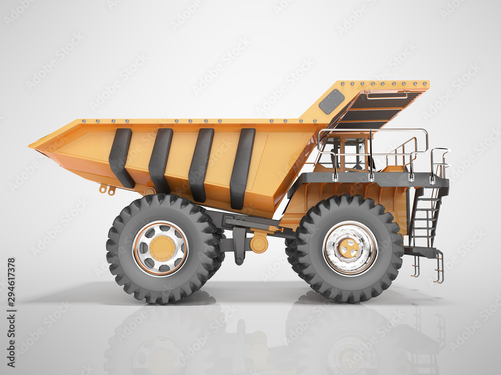 Concept orange dump truck 3D rendering on gray background with shadow