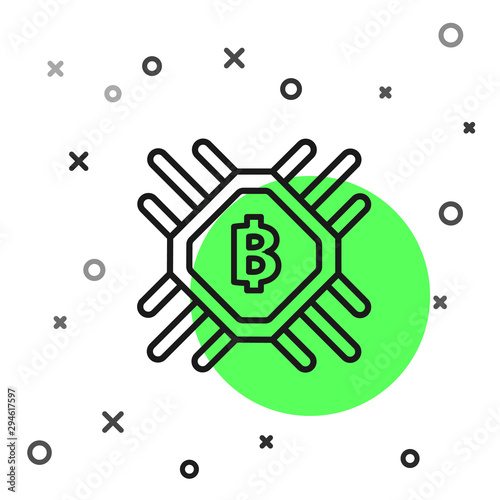 Black line CPU mining farm icon isolated on white background. Bitcoin sign inside processor. Cryptocurrency mining community. Digital money. Vector Illustration