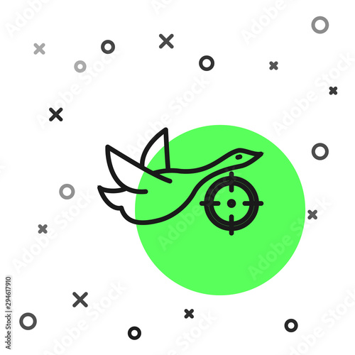 Black line Hunt on duck with crosshairs icon isolated on white background. Hunting club logo with duck and target. Rifle lens aiming a duck. Vector Illustration