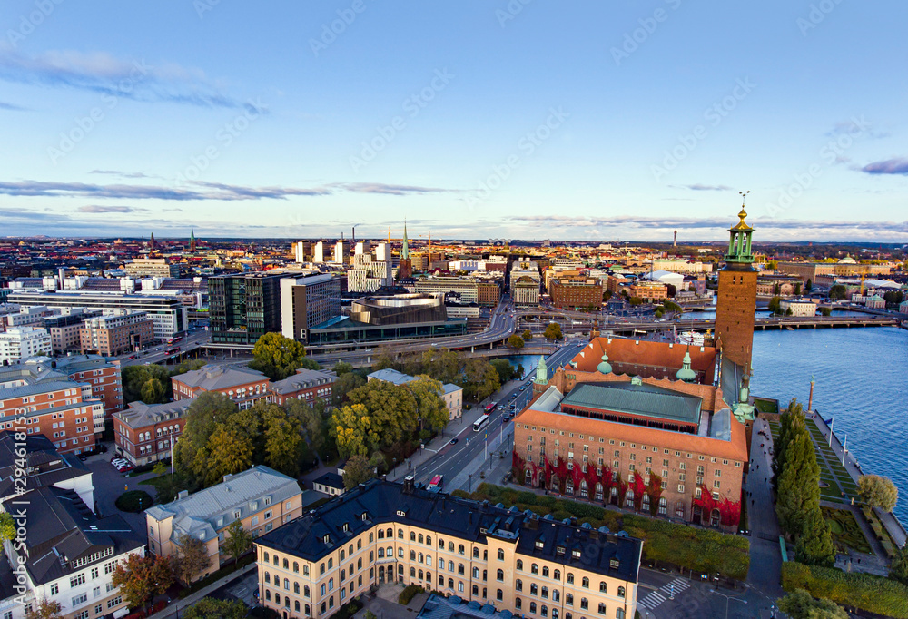 Aerial view of Stockholm City at dusk