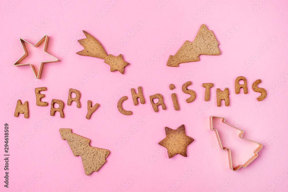 Christmas Homemade Ginger and Honey Cookies Cookie Mold and Gingerbread in Shape of the Letters and Stars on Pink Background Merry Christmas Top View Flat Lay