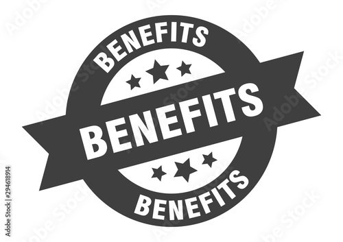 benefits sign. benefits black round ribbon sticker