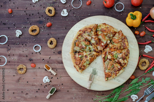pizza with mushrooms and cheese on wood table