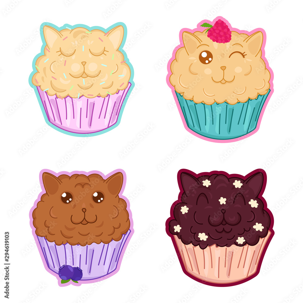 kawaii sweet muffins cats set, cute cartoon funny characters with raspberry, blueberry, cream and chocolate, editable vector illustration kawaii sweet muffins cats set, cute cartoon funny characters with raspberry, blueberry, cream and chocolate, editable vector illustration