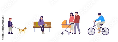 People walking. Couple with stroller are walking. Man rides bicycle. Boy is walking dog. Girl sitting on bench with smartphone. Flat vector illustration on white background