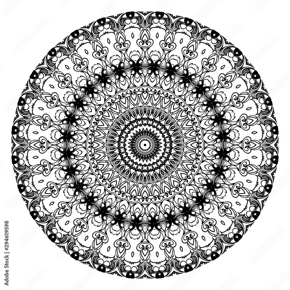 Floral black and white Baroque style mandala pattern. Vector ornamental  round ornament. Isolated design. Template. Vintage flowers, leaves,  circles, frames. Ornate patterned texture. Stock-Vektorgrafik | Adobe Stock