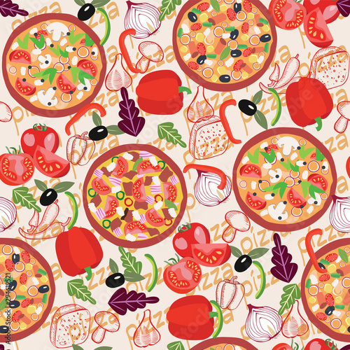 pattern with three different pizzas and ingredients of pizza
