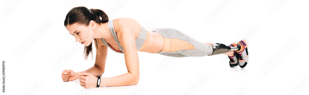 panoramic shot of disabled sportswoman standing in plank isolated on white panoramic shot of disabled sportswoman standing in plank isolated on white