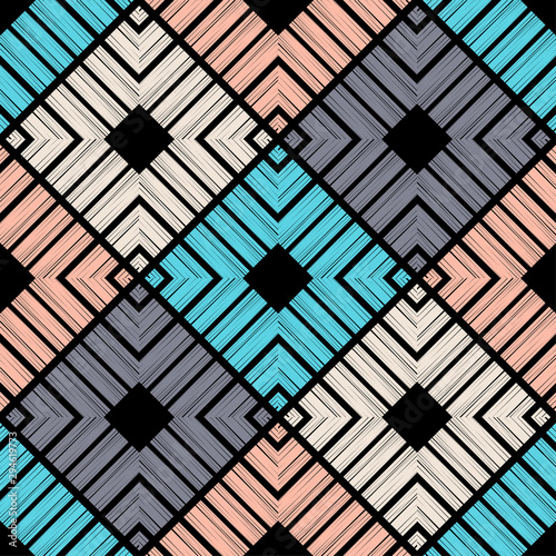 Ethnic boho seamless pattern. Lace. Embroidery on fabric. Patchwork texture. Weaving. Traditional ornament. Tribal pattern. Folk motif. Vector illustration for web design or print.
