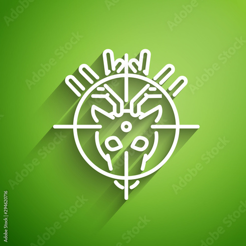 White line Hunt on deer with crosshairs icon isolated on green background. Hunting club logo with deer and target. Rifle lens aiming a deer. Vector Illustration