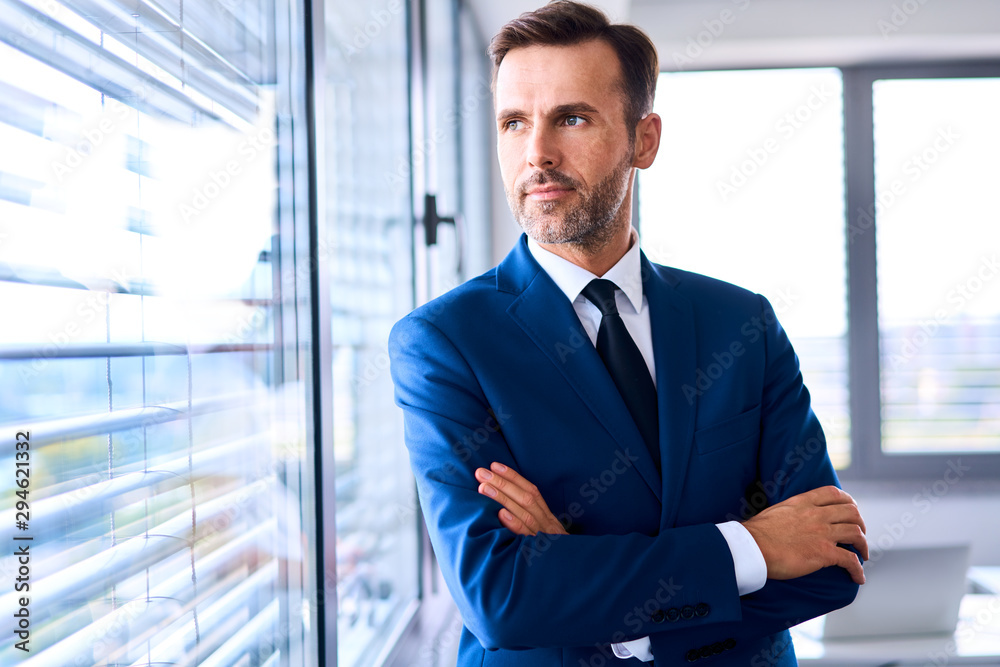Portrait of adult businessman looking outside the window in office - obrazy, fototapety, plakaty 