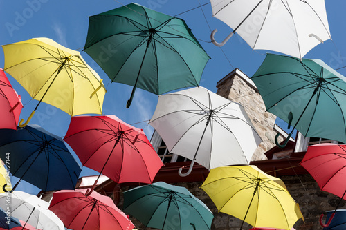 Colorful umbrellas of the rue du Cul-de-Sac  in the Quartier Petit Champlain  in Quebec City