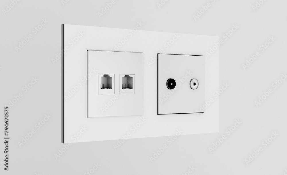 Multi socket wall outlet with electrical, ethernet, cable or satellite TV connections and light switch.. 3D rendering Multi socket wall outlet with electrical, ethernet, cable or satellite TV connections and light switch.. 3D rendering