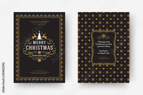Christmas greeting card vintage typographic design, ornate decorations symbols with tree, winter holidays wish
