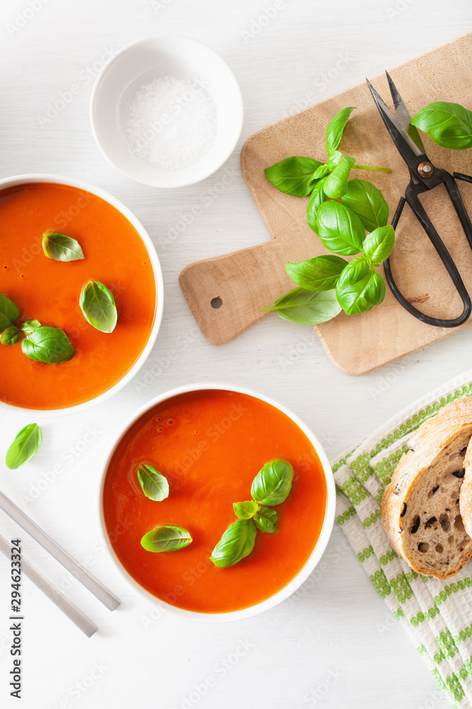 tomato soup flat lay on white backgorund tomato soup flat lay on white backgorund