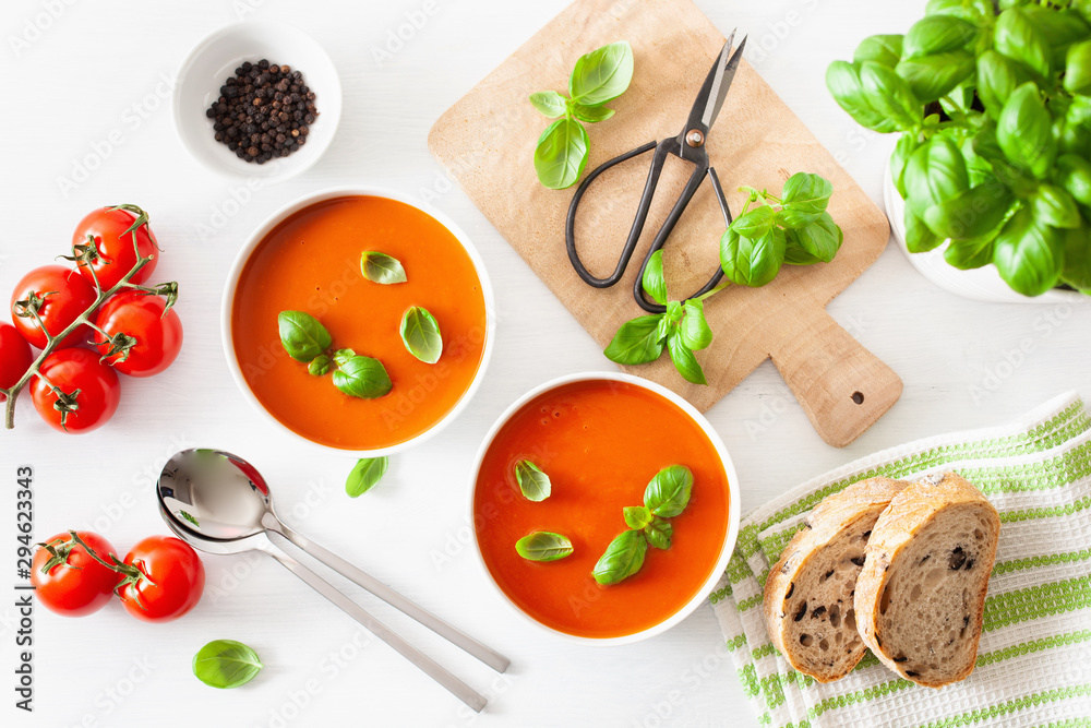 tomato soup flat lay on white backgorund tomato soup flat lay on white backgorund