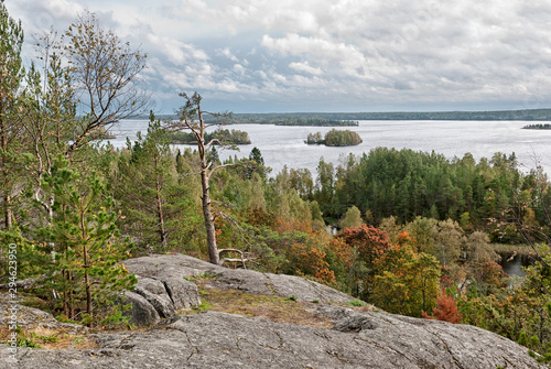 Rullalahdenvuori Rock on Kilpola Island and view of Ladoga Lake in Karelia. Russia