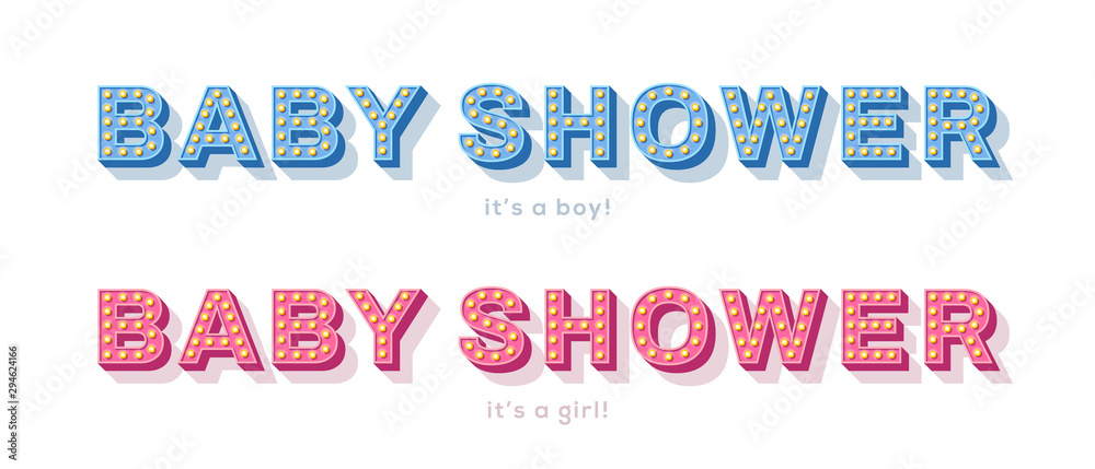 It's a girl and boy, baby shower card, invitation or banner with blue and pink typography design isolated on white background. Vector illustration with retro light bulbs font. It's a girl and boy, baby shower card, invitation or banner with blue and pink typography design isolated on white background. Vector illustration with retro light bulbs font.