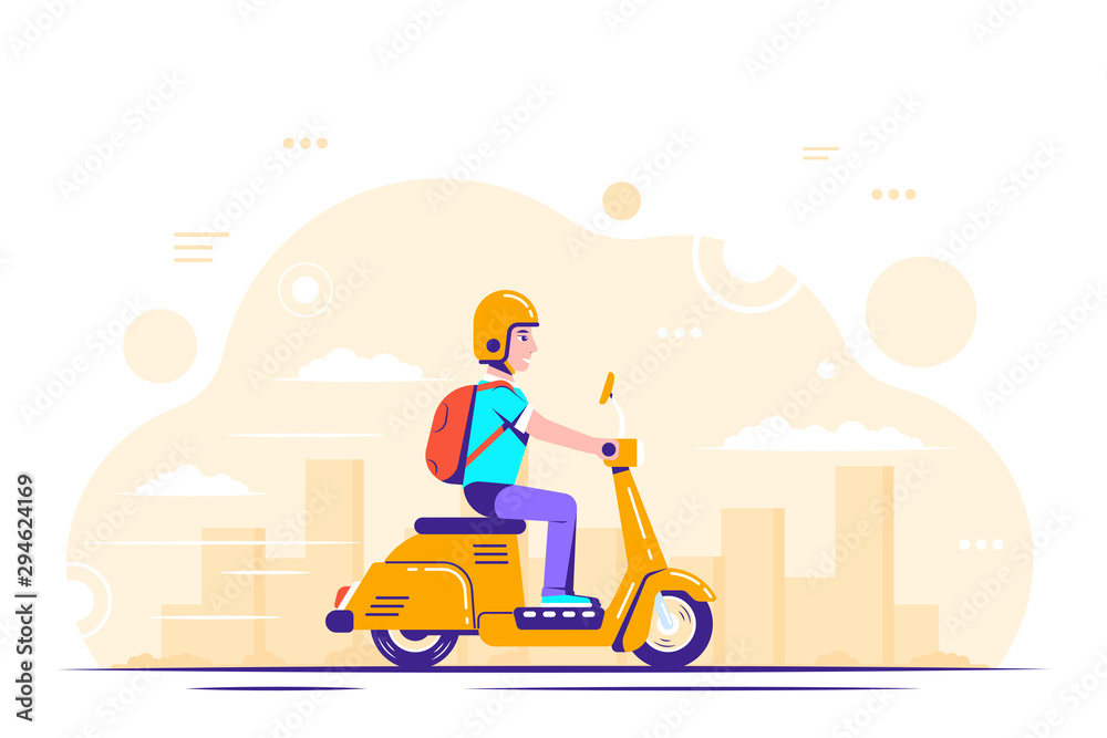 Young man on scooter, flat style illustration