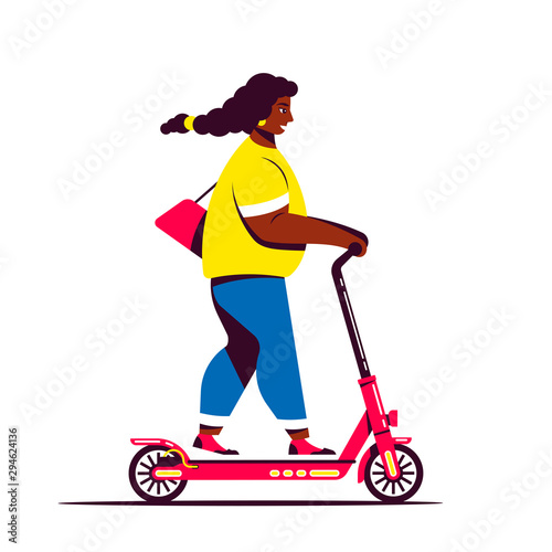 Woman riding elecctric push scooter, flat style illustration