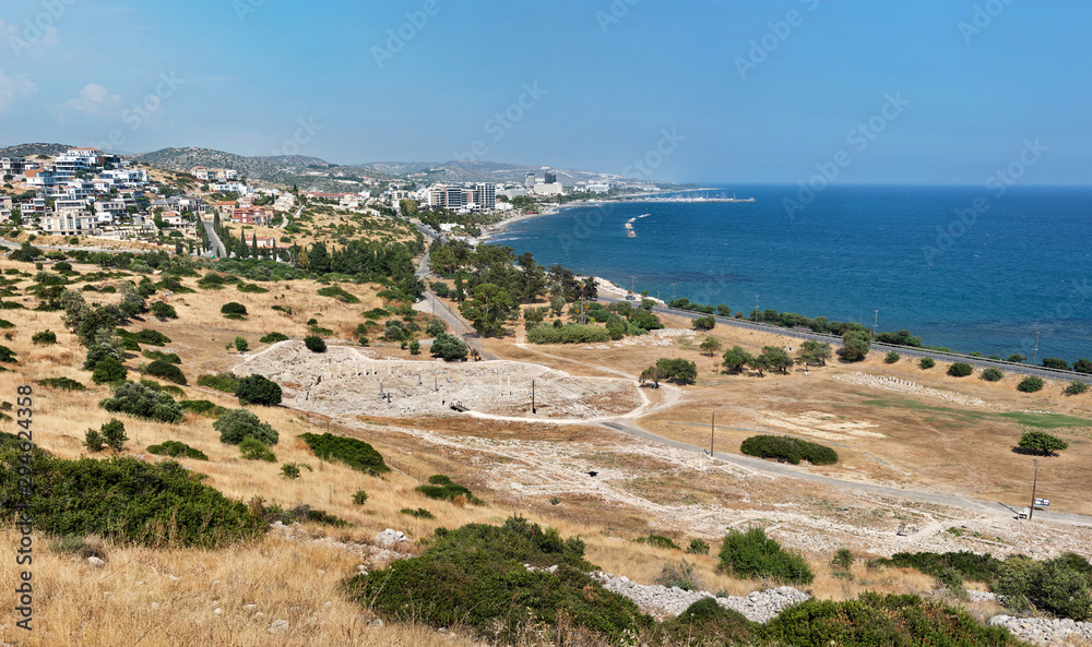 Ruins of Sanctuary of Apollo Hylates located at the beach of mediterranean sea. Near an ancient greek town of Kourion. Limassol, Episkopi, Cyprus.