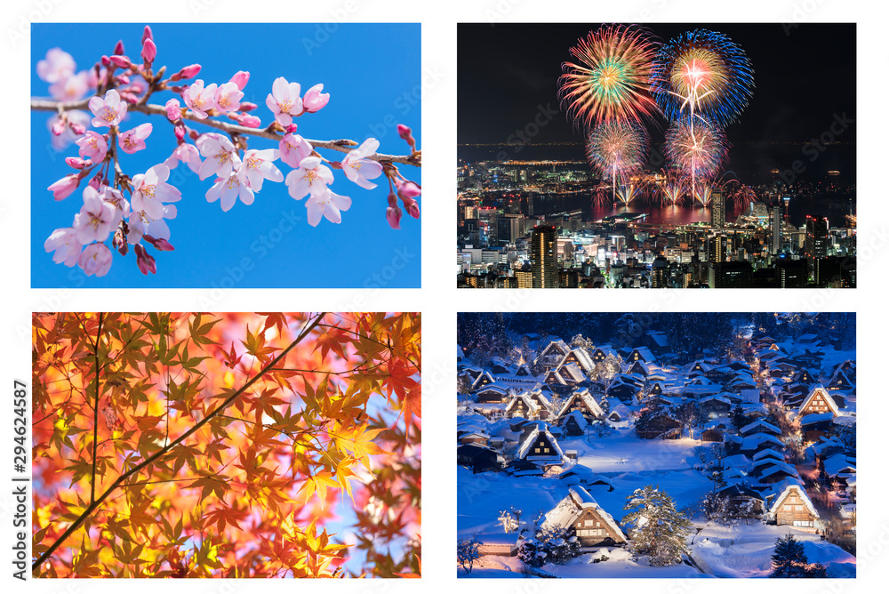 日本の四季 春の桜 夏の花火大会 秋の紅葉のライトアップ 冬の世界遺産の白川郷 Stock 写真 Adobe Stock