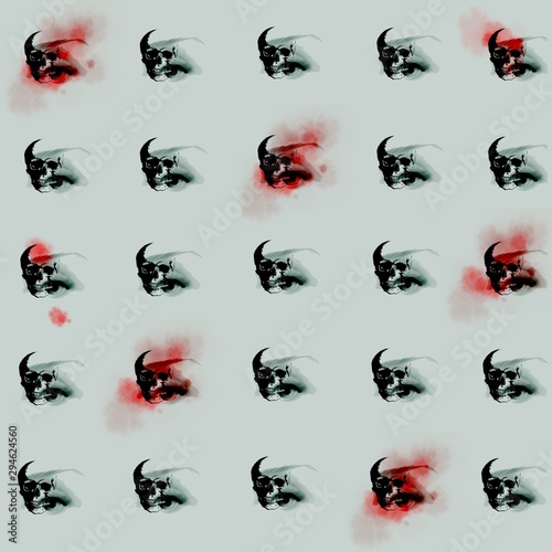 Digital drawing with eyes and skulls. Red touches of watercolor, pale background and dark outlines drawing. A mythical and vector and rock and roll.