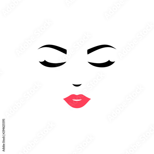 Woman face logo design. Vector illustration. Girl silhouette for cosmetics, beauty, health and spa, fashion themes. Creative female icon with close eyes and pink lips.