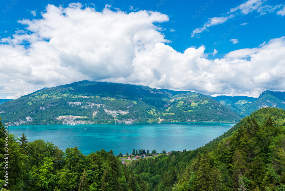 View from the suspension bridge in Leissingen on the Lake Thun