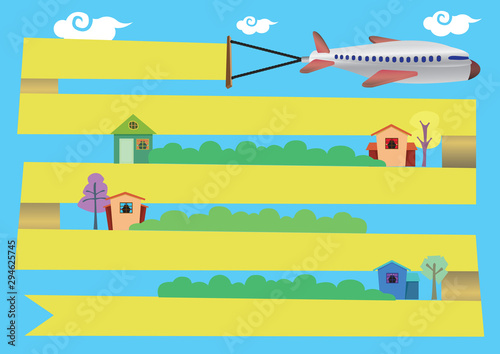 Airplane with Banner Flying Around Town Vector Cartoon Illustration