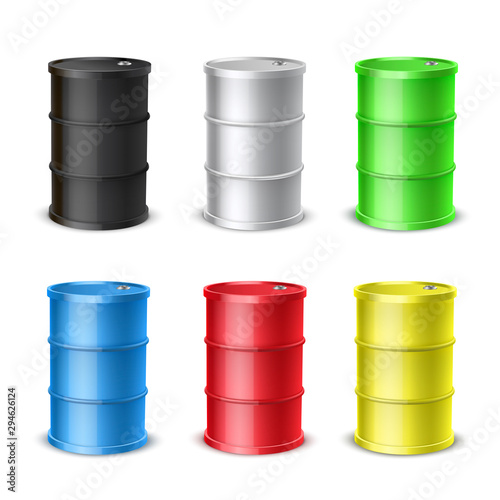 Steel barrels realistic colorful vector illustrations set